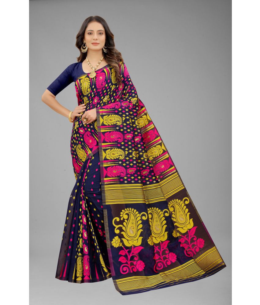     			NENCY FASHION - Navy Blue Cotton Saree With Blouse Piece ( Pack of 1 )
