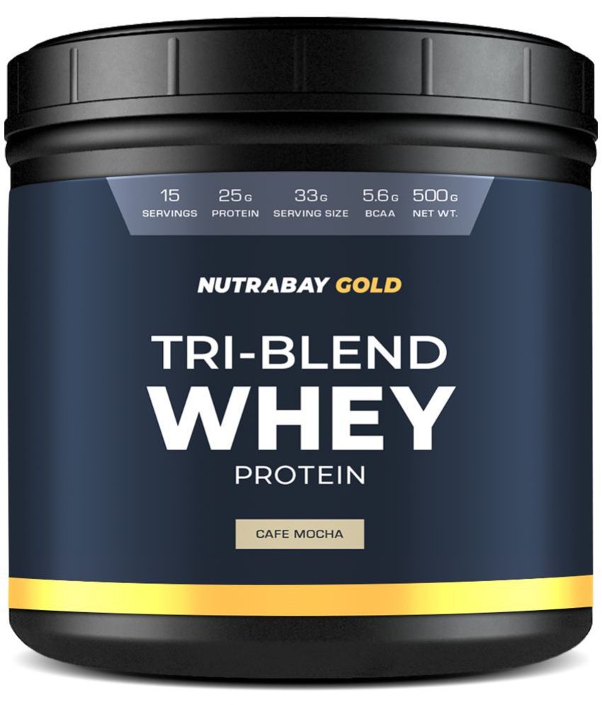 NUTRABAY Gold Tri Blend Whey Protein Powder (Hydrolyzed, Isolate & Concentrate) - 25g Protein, 5.6g BCAA, 4.2g Glutamic Acid- 500g, CafÃ© Mocha (15 Servings)