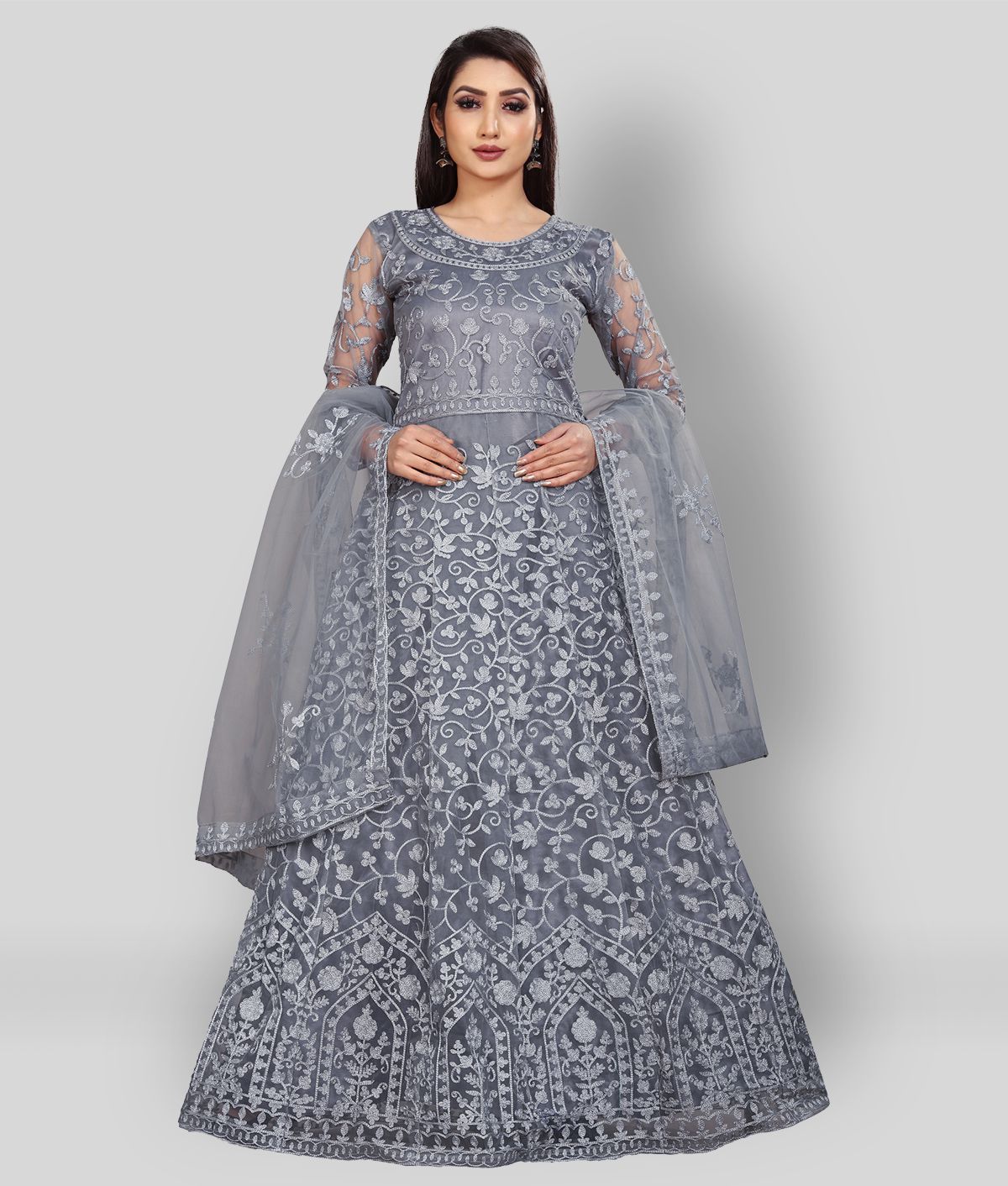     			Aika - Dark Grey Anarkali Net Women's Semi Stitched Ethnic Gown ( Pack of 1 )