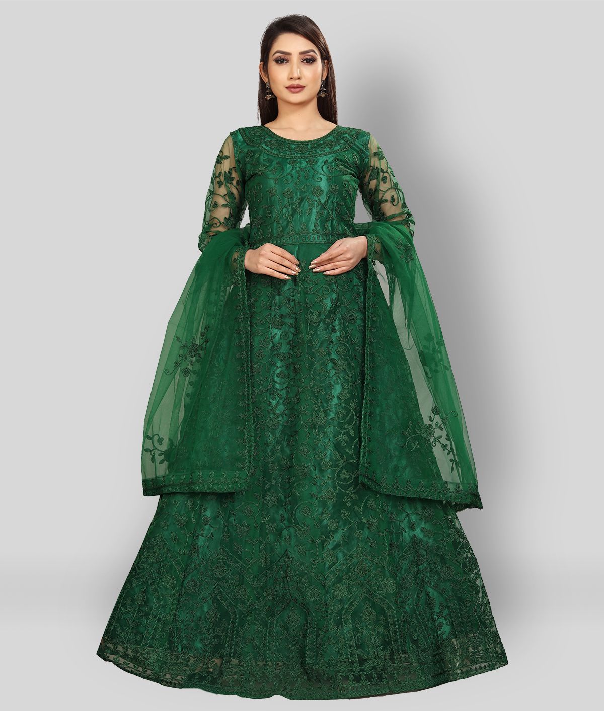     			Aika - Green Anarkali Net Women's Semi Stitched Ethnic Gown ( Pack of 1 )