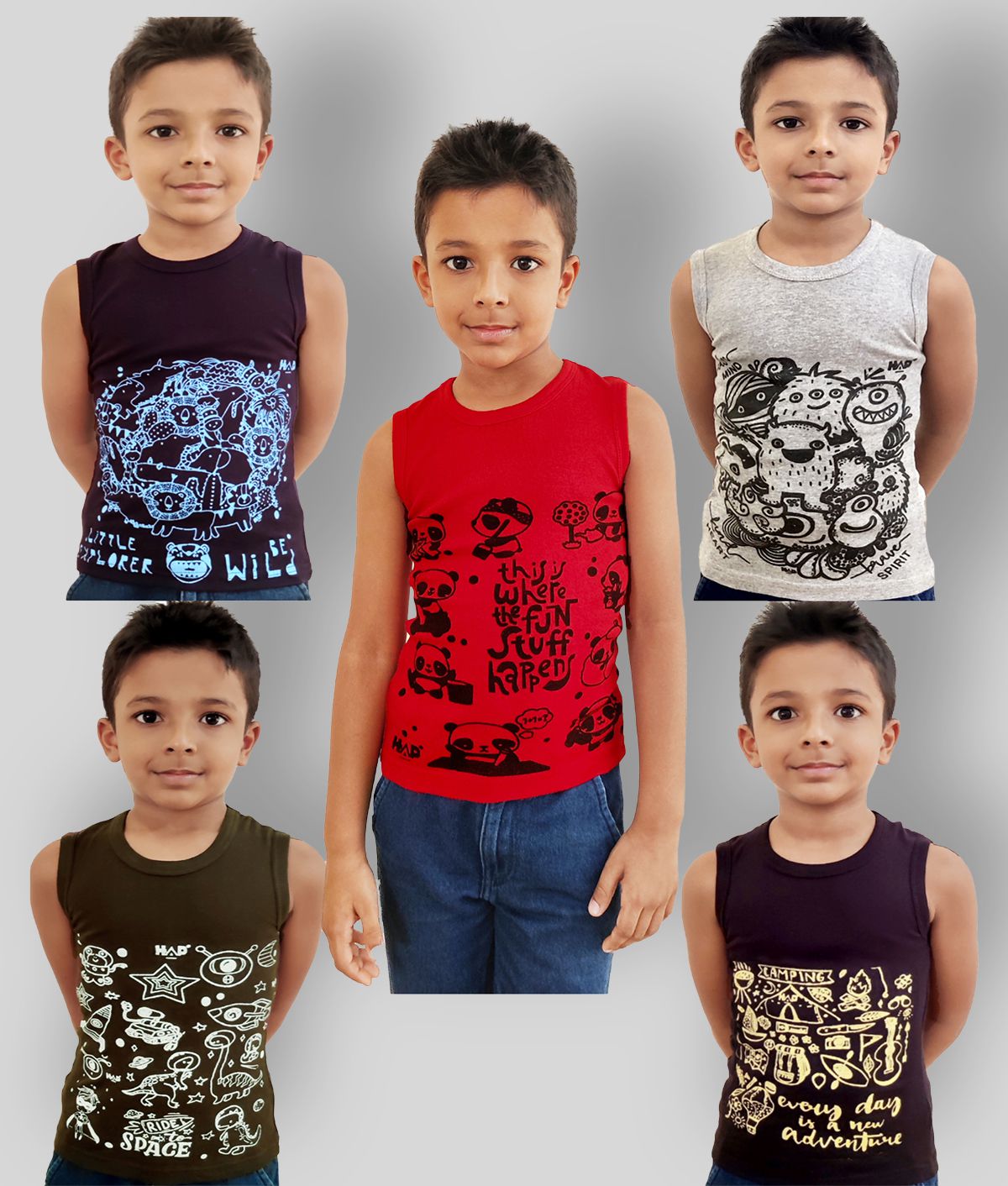    			HAP Boys Multicolor Printed Vest | Tank top |Sleeveless Tshirt - Pack of Five