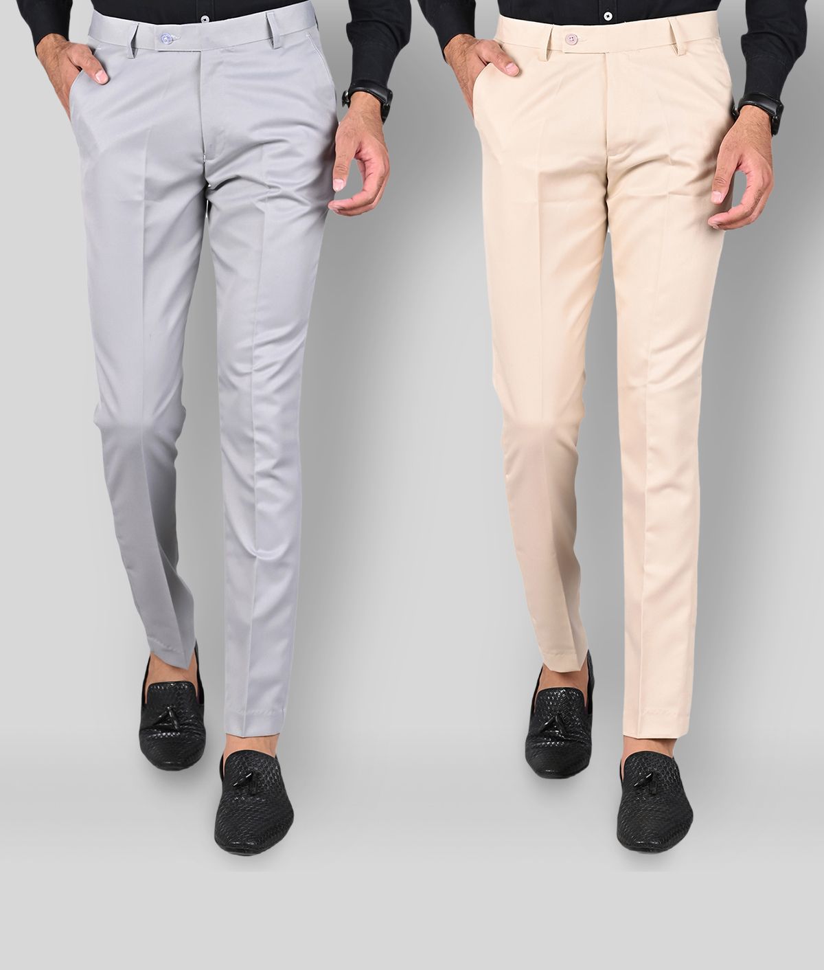     			MANCREW - Cream Polycotton Slim - Fit Men's Formal Pants ( Pack of 2 )