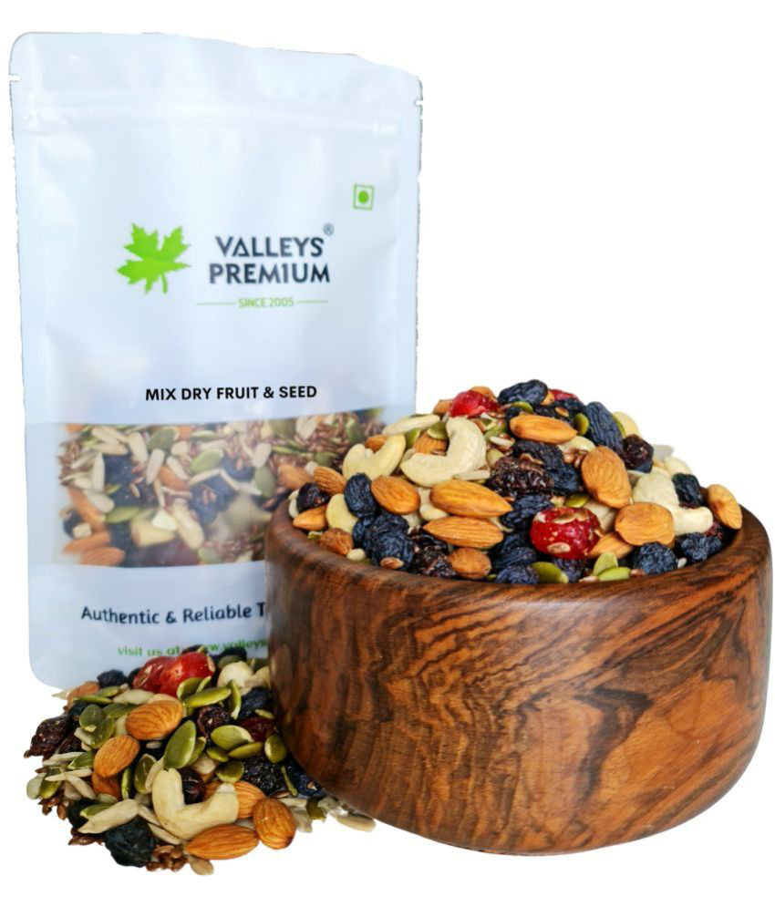     			Valleys Premium Healthy Trail  Mix Dry fruits Nuts Seeds & Berries 400 Grams (Cashews, Almonds, Black Raisins, Cherries, Flaxseeds, Sunflower Seeds And Pumpkin Seeds