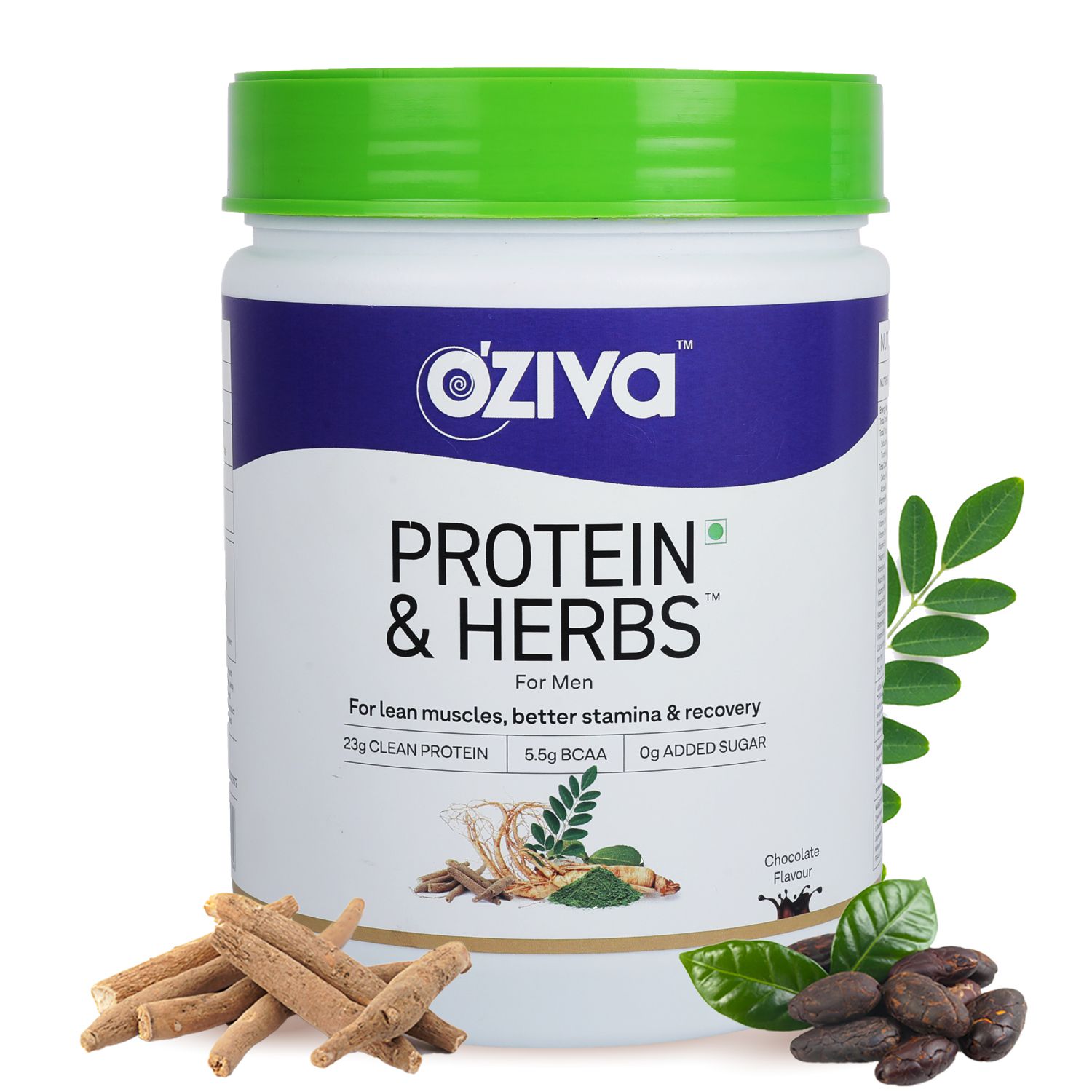 OZiva Protein & Herbs, Men (23g Whey Protein, 5.5g BCAA & Ayurvedic herbs like Ashwagandha, Chlorella & Musli) for Better Stamina & Lean Muscles, Chocolate,  500g