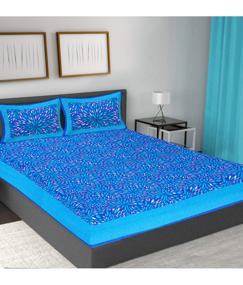     			Frionkandy - Blue Cotton Queen Bedsheet with 2 Pillow Covers
