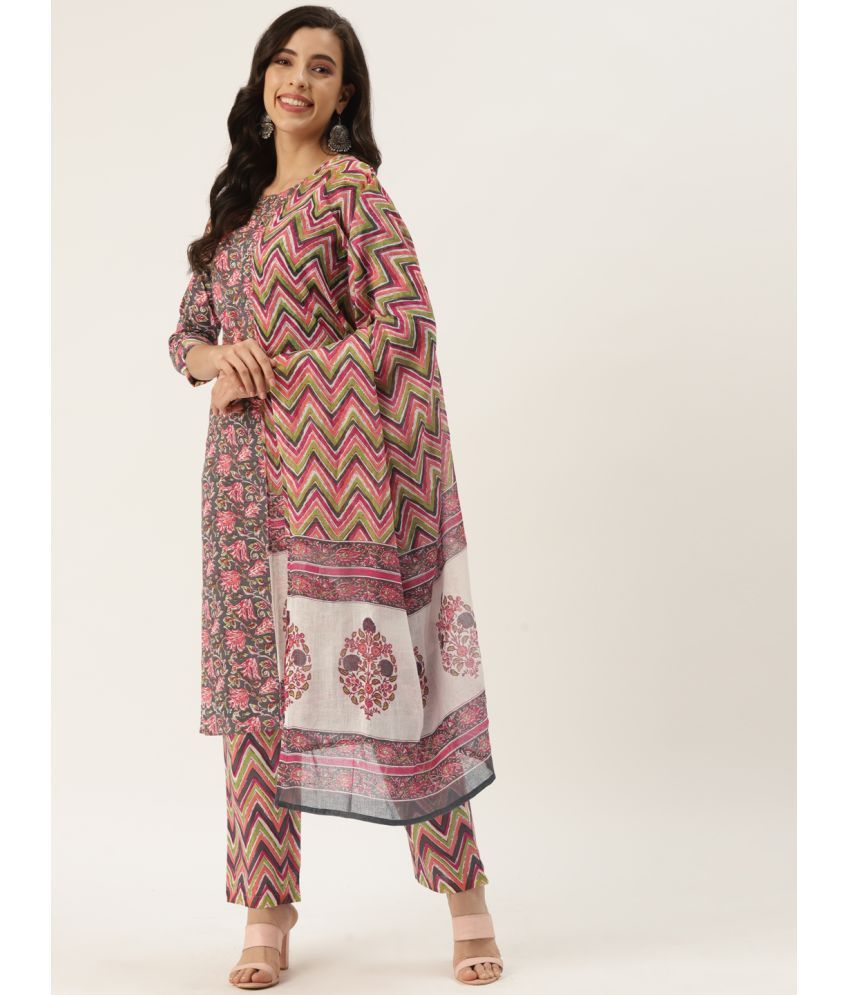     			Kbz - Grey Straight Cotton Women's Stitched Salwar Suit ( Pack of 1 )