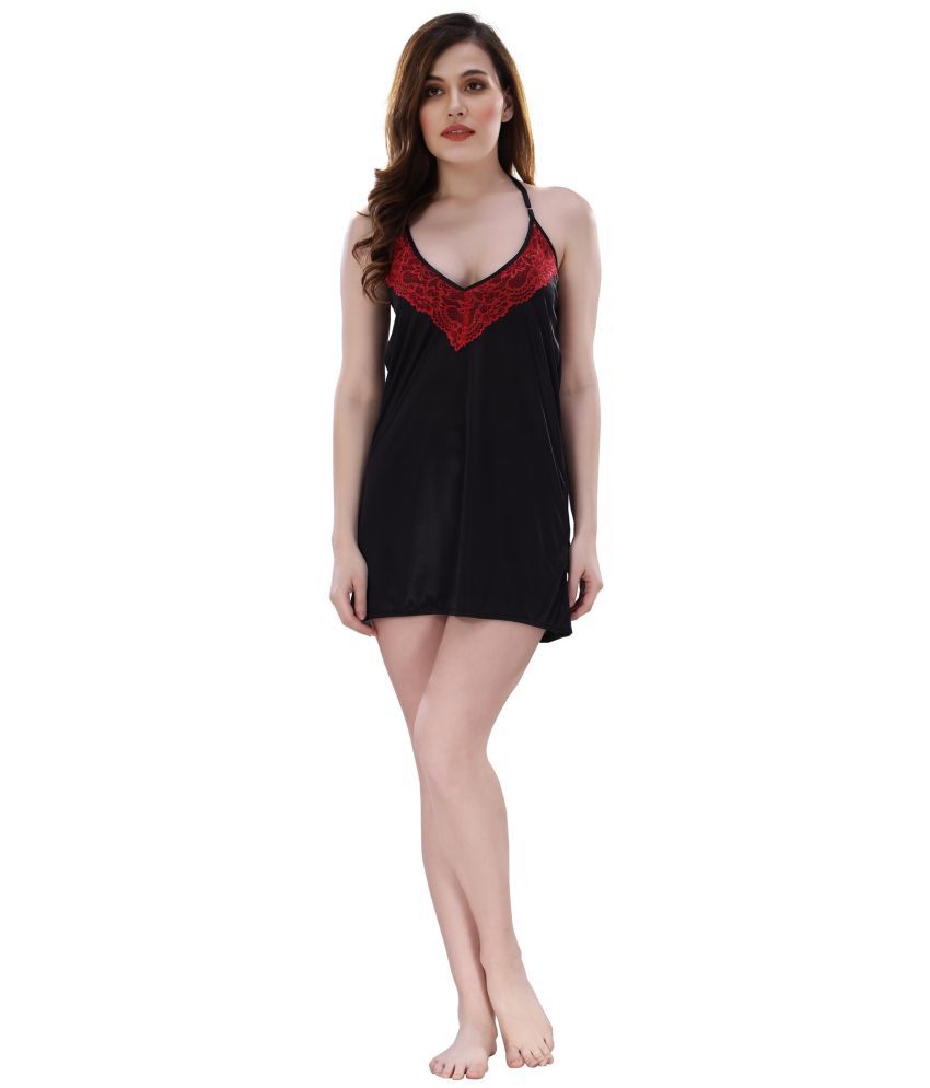     			Romaisa - Black Satin Women's Nightwear Baby Doll Dresses Without Panty ( Pack of 1 )