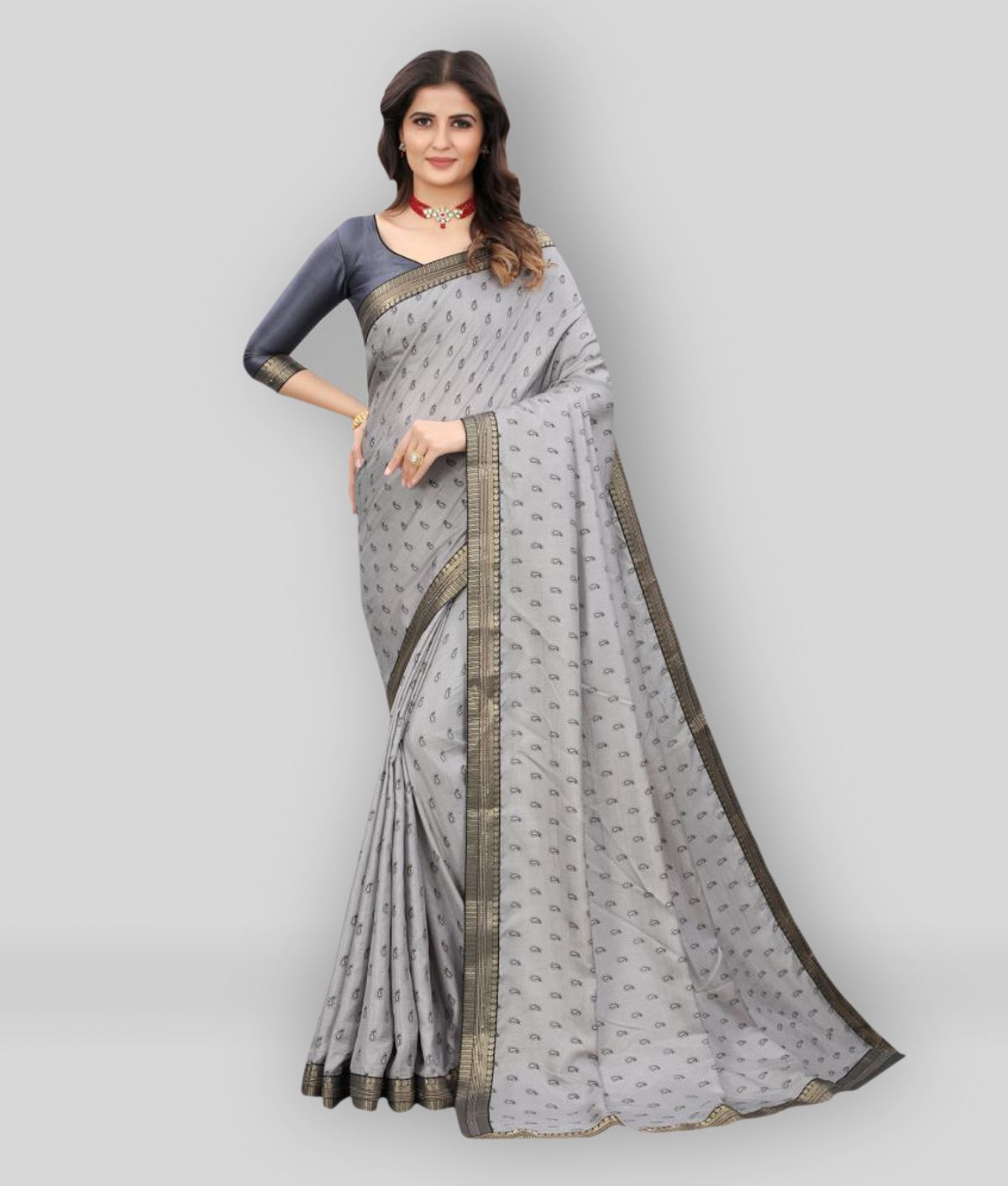 offline selection - Grey Silk Blend Saree With Blouse Piece ( Pack of 1 )