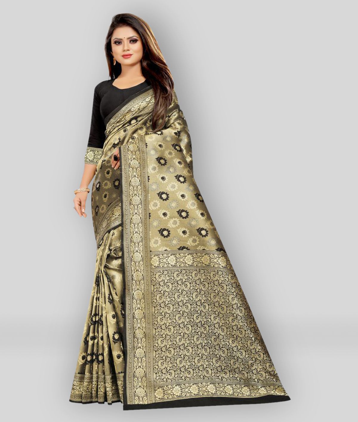     			Gazal Fashions - Gold Banarasi Silk Saree With Blouse Piece (Pack of 1)