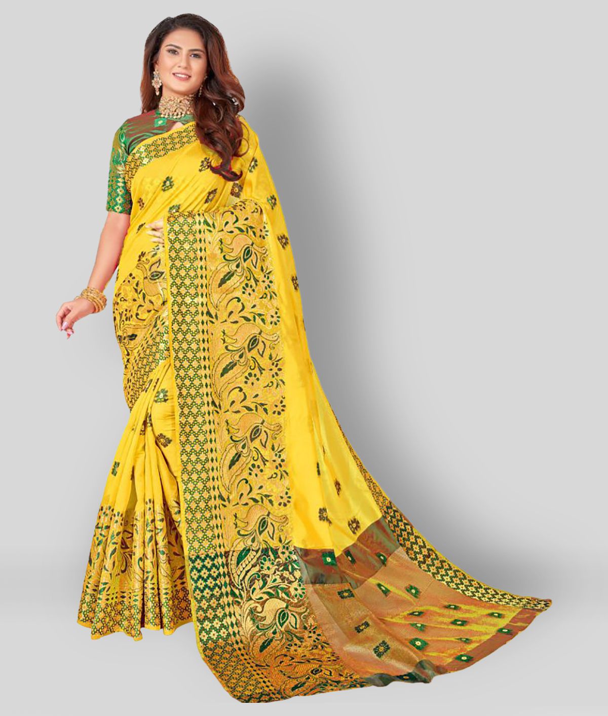     			Darshita International - Yellow Cotton Blend Saree With Blouse Piece (Pack of 1)