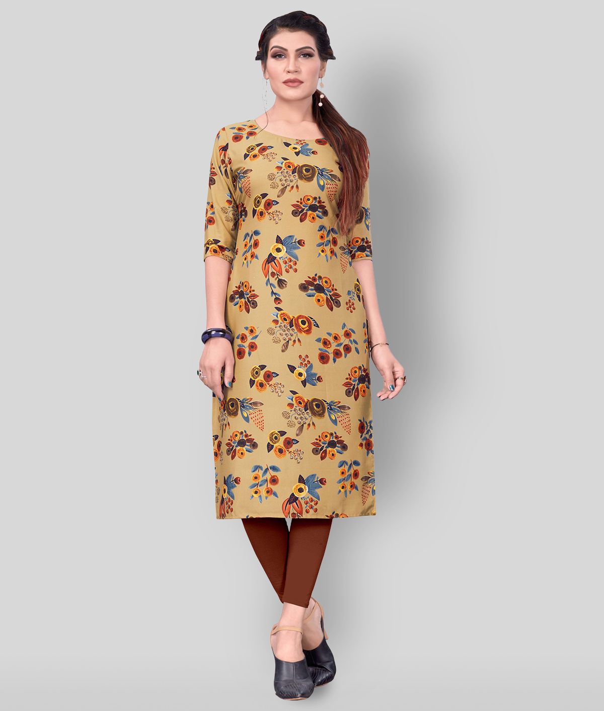     			HivaTrendz - Beige Crepe Women's Straight Kurti