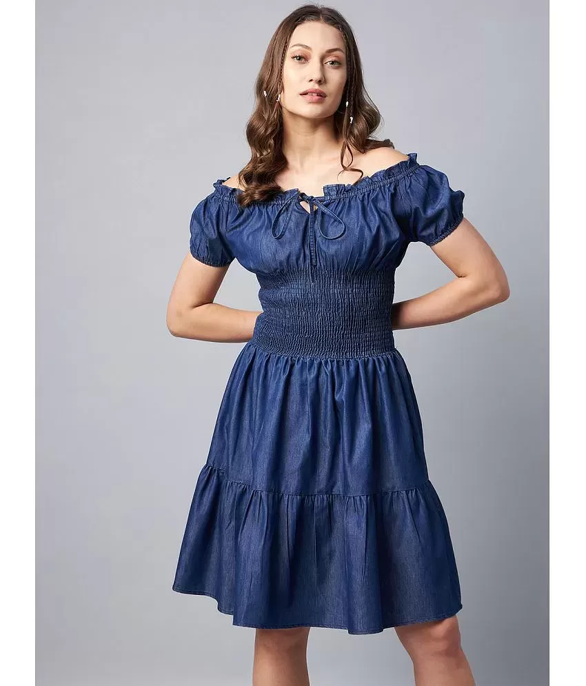 Buy StyleStone Women's Peasant Style Smocked Waist Denim Dress Navy Blue at  Amazon.in