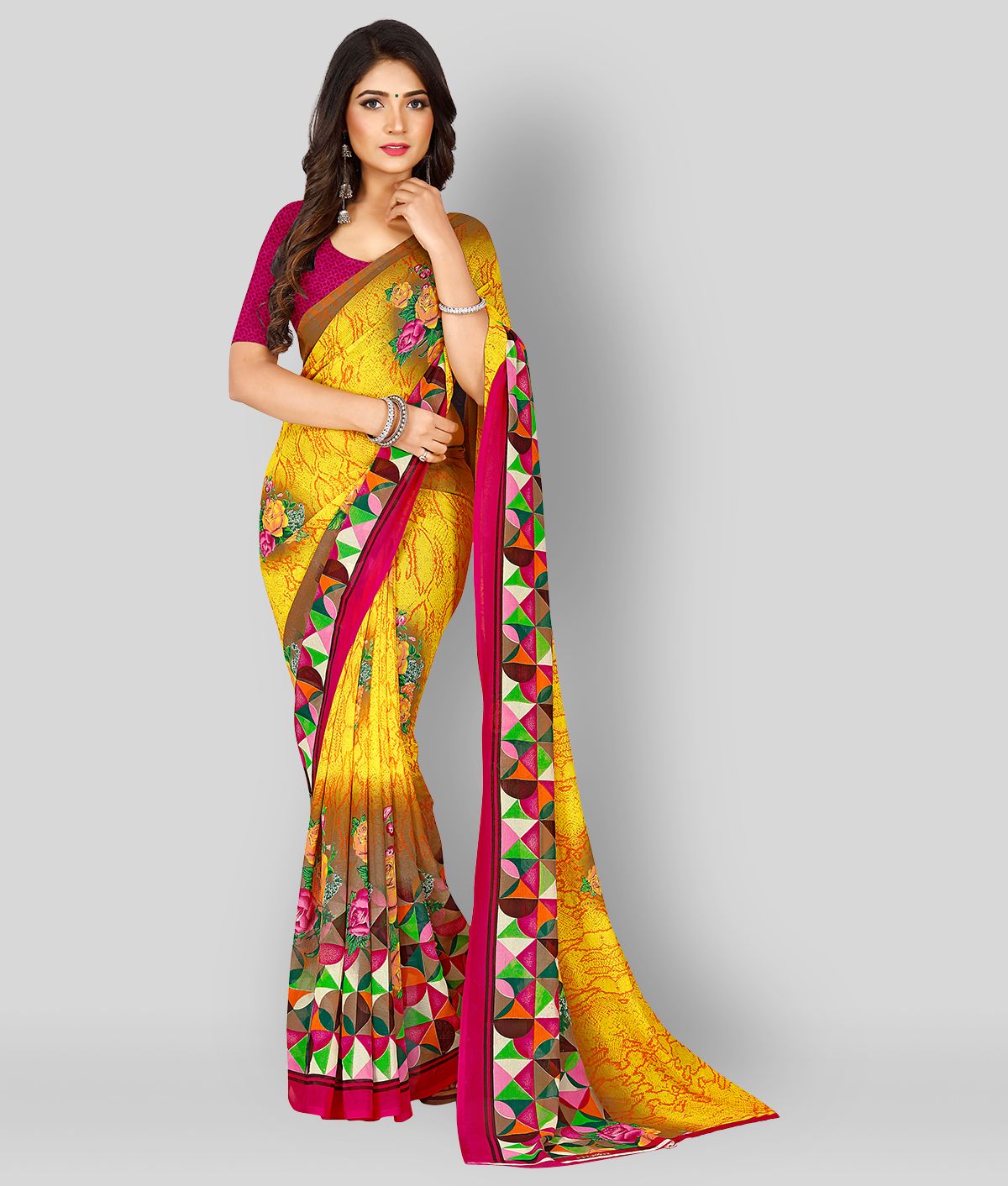     			Anand - Yellow Georgette Saree With Blouse Piece ( Pack of 1 )