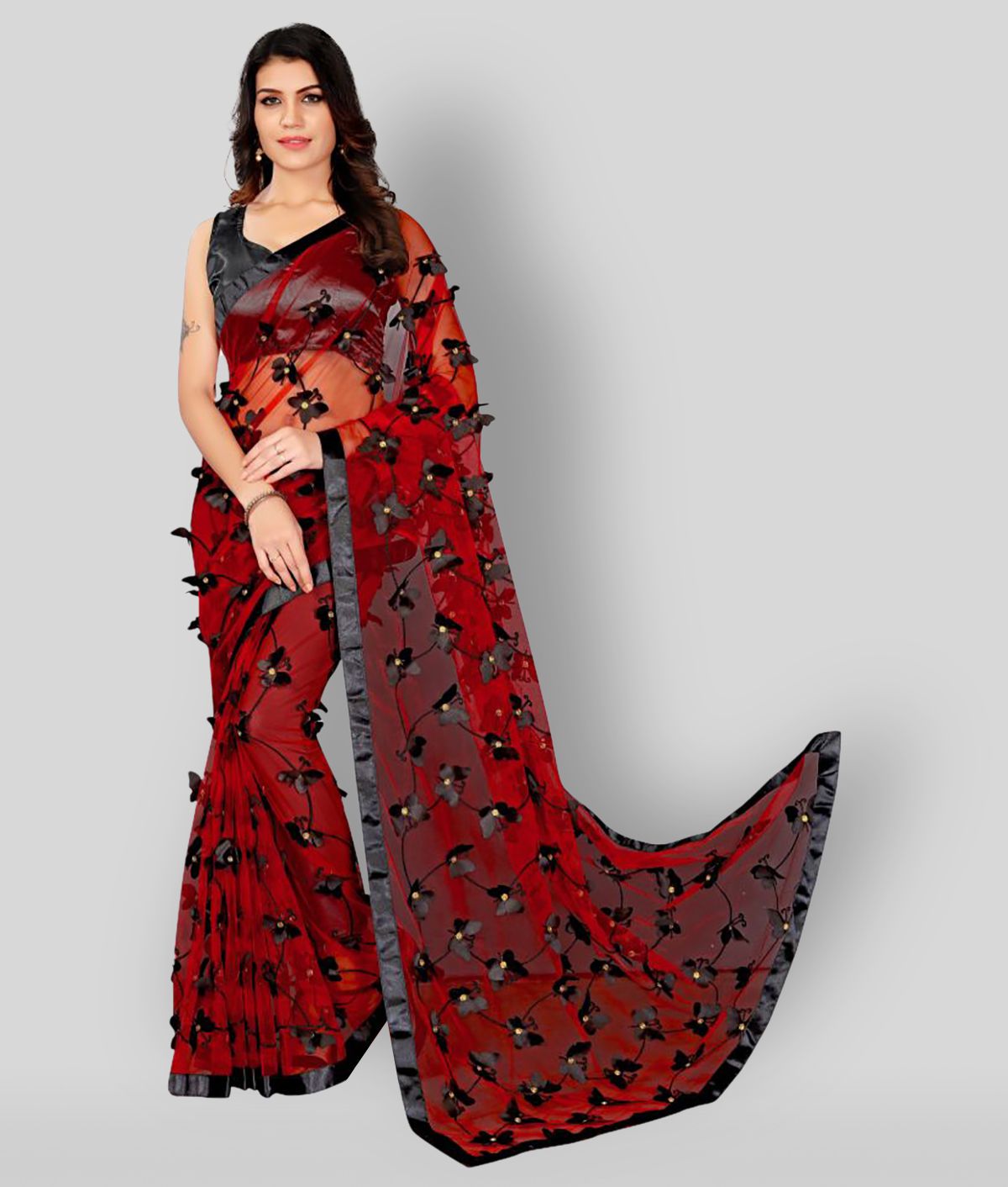     			Apnisha - Multicolor Net Saree With Blouse Piece ( Pack of 1 )