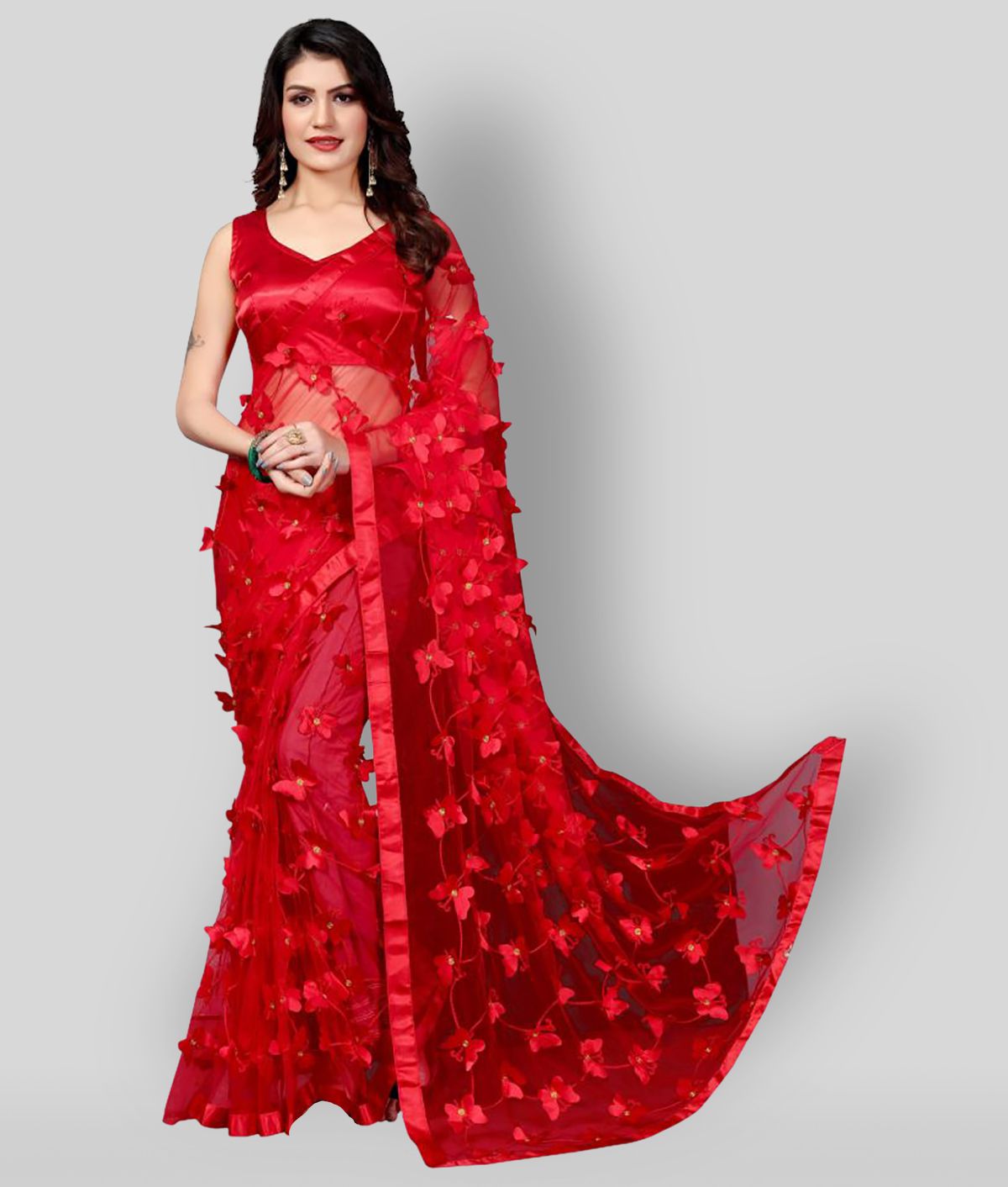     			Apnisha - Red Net Saree With Blouse Piece ( Pack of 1 )