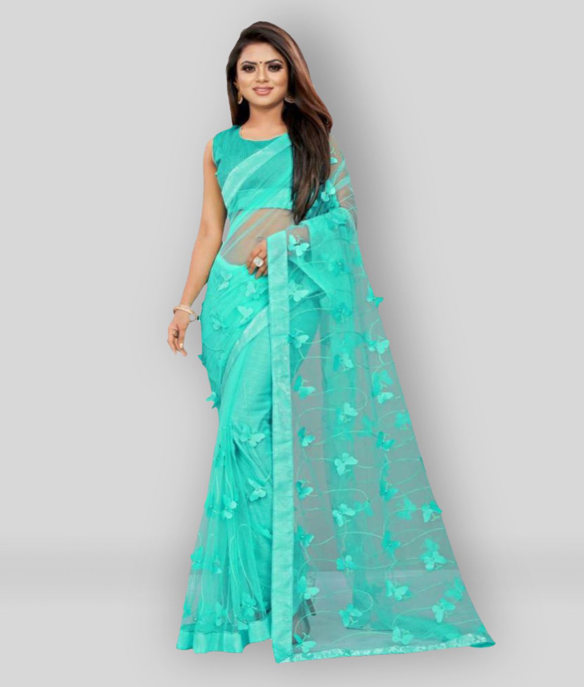     			Gazal Fashions - Sea Green Net Saree With Blouse Piece (Pack of 1)