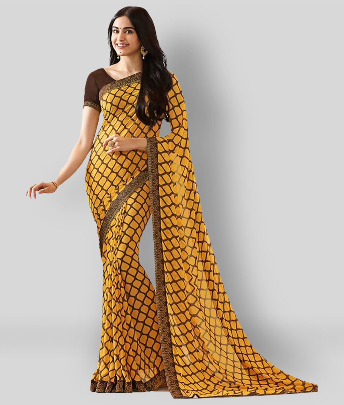     			Gazal Fashions - Yellow Chiffon Saree With Blouse Piece (Pack of 1)