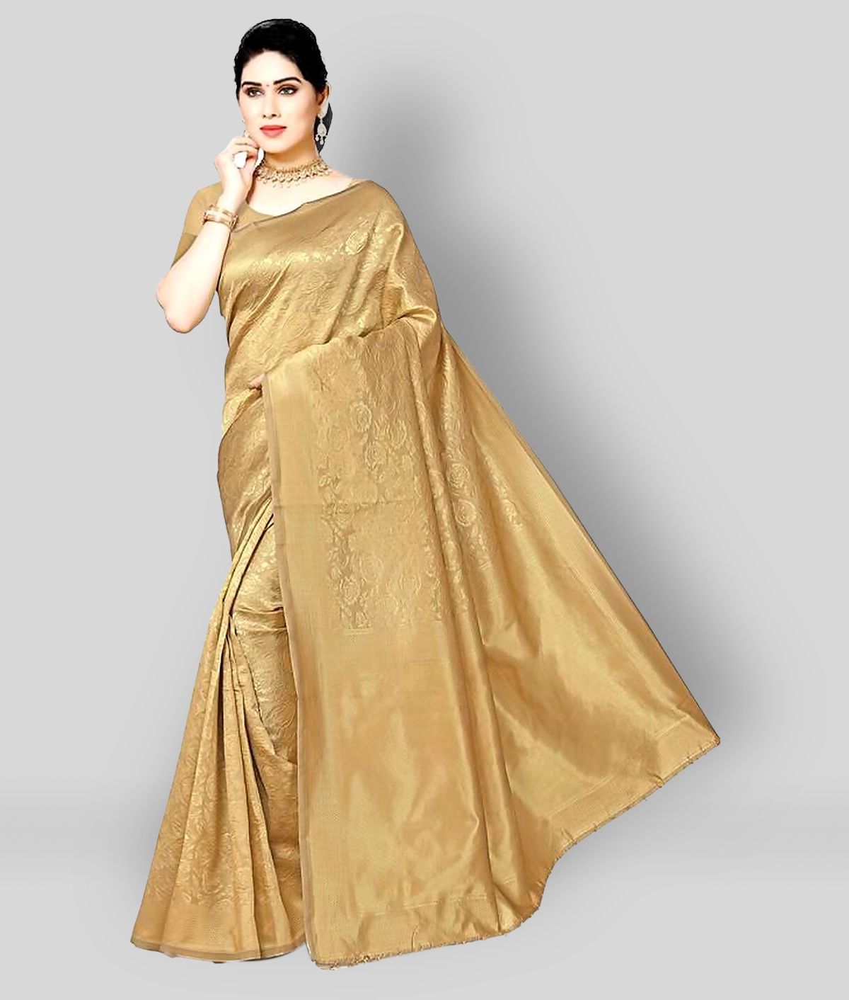 NENCY FASHION - Gold Banarasi Silk Saree With Blouse Piece (Pack of 1)