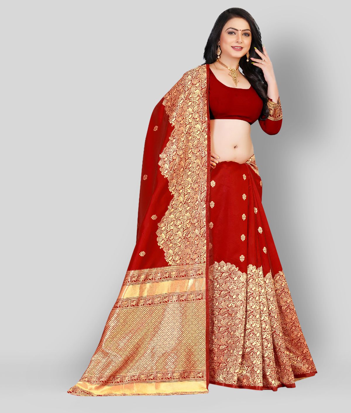    			NENCY FASHIONS - Red Banarasi Silk Saree With Blouse Piece (Pack of 1)