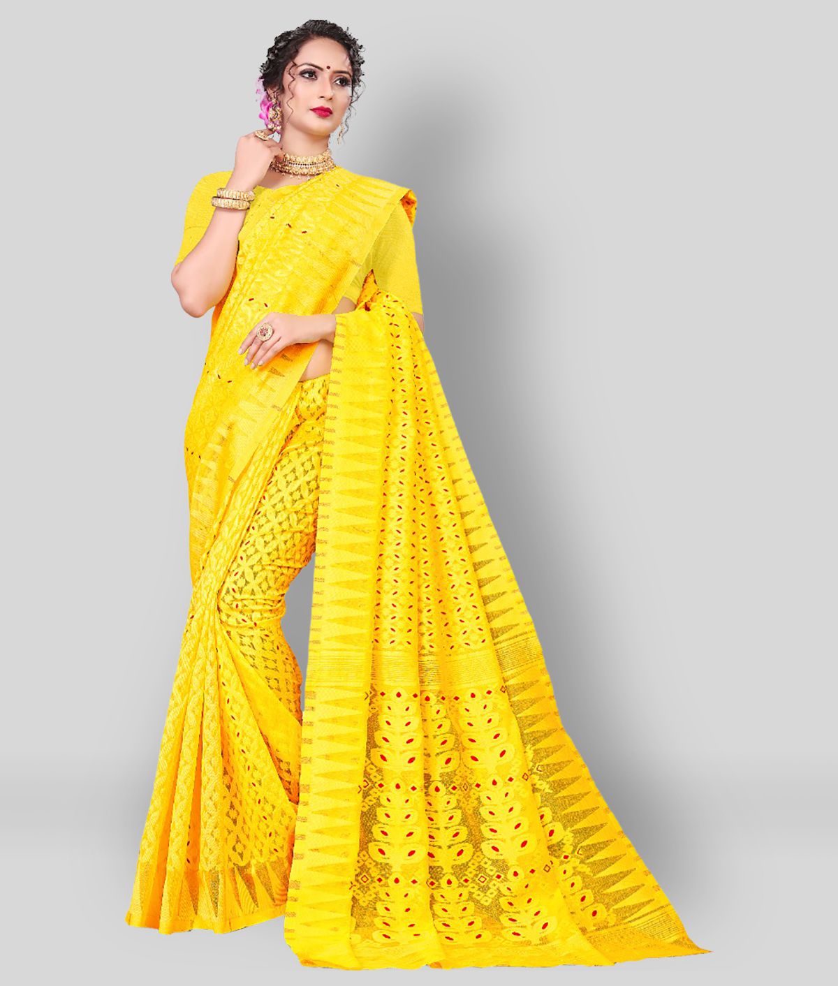     			Panihari Creations - Yellow Cotton Saree Without Blouse Piece (Pack of 1)
