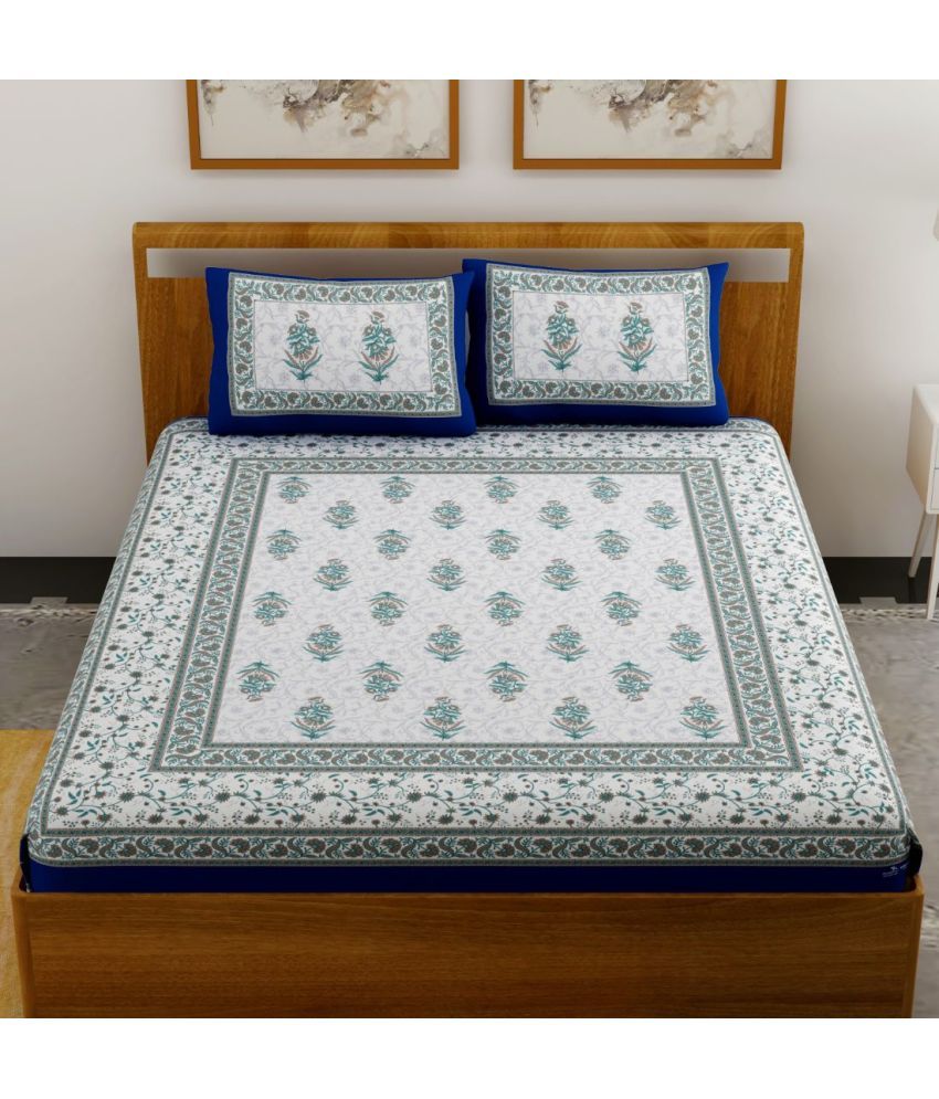     			Uniqchoice Cotton Ethnic Double Bedsheet with 2 Pillow Covers- Blue