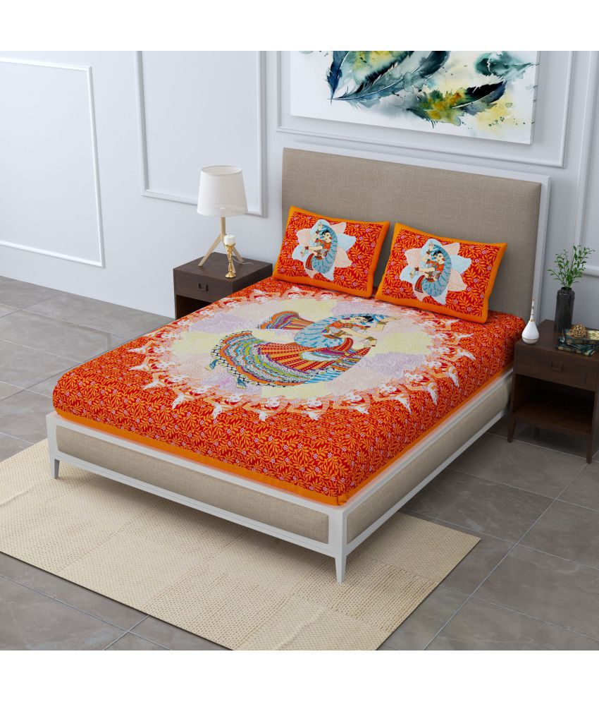     			unique choice - Orange Cotton Double Bedsheet with 2 Pillow Covers