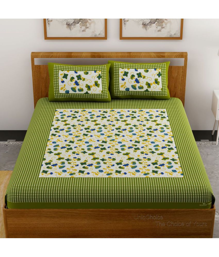     			unique choice Cotton Floral Printed Double Bedsheet with 2 Pillow Covers - Green