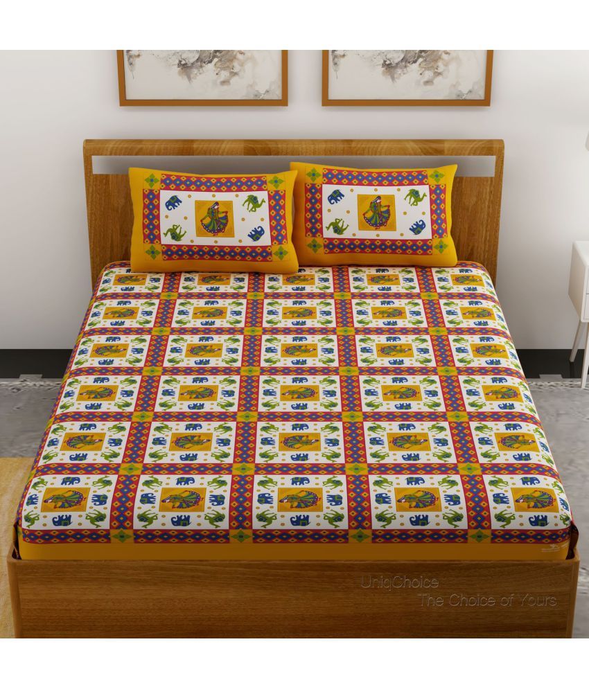     			unique choice Cotton Animal Printed Double Bedsheet with 2 Pillow Covers - Yellow