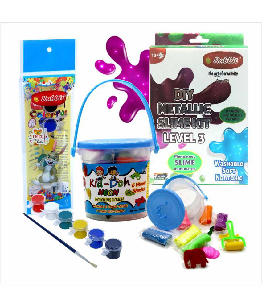     			RABBIT'S DIY Metallic Slime Kit Level 3+Kid Doh Neon Bucket|+Tempera Colors|Slime Making Kit|Combo includes 1 DIY Set + 1 Roller + 1 Cutter|DIY Kits|Play Doh Slime|Child Safe|Play Doh Clay Set|Age 3+|