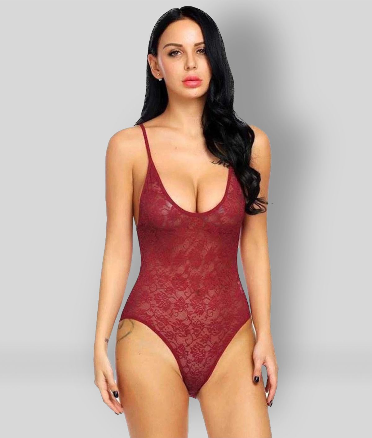    			Celosia - Maroon Lace Women's Nightwear Baby Doll Dresses Without Panty ( Pack of 1 )