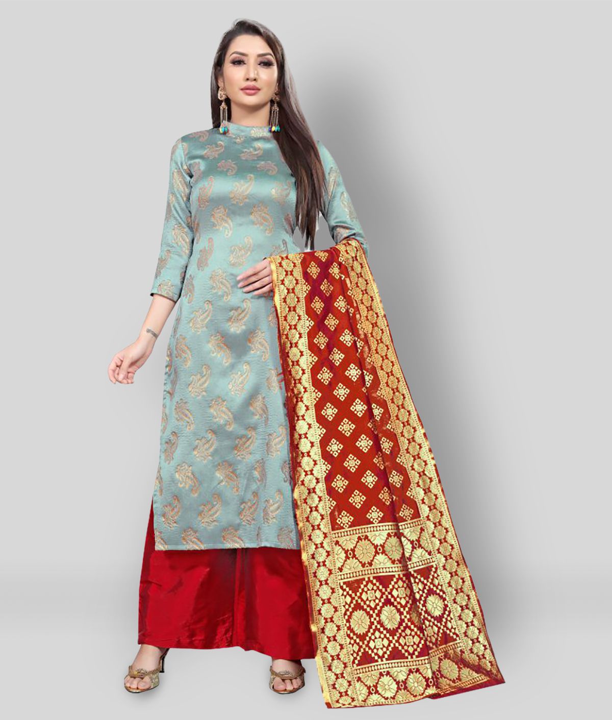 Gazal Fashions Grey,Red Brocade Unstitched Dress Material