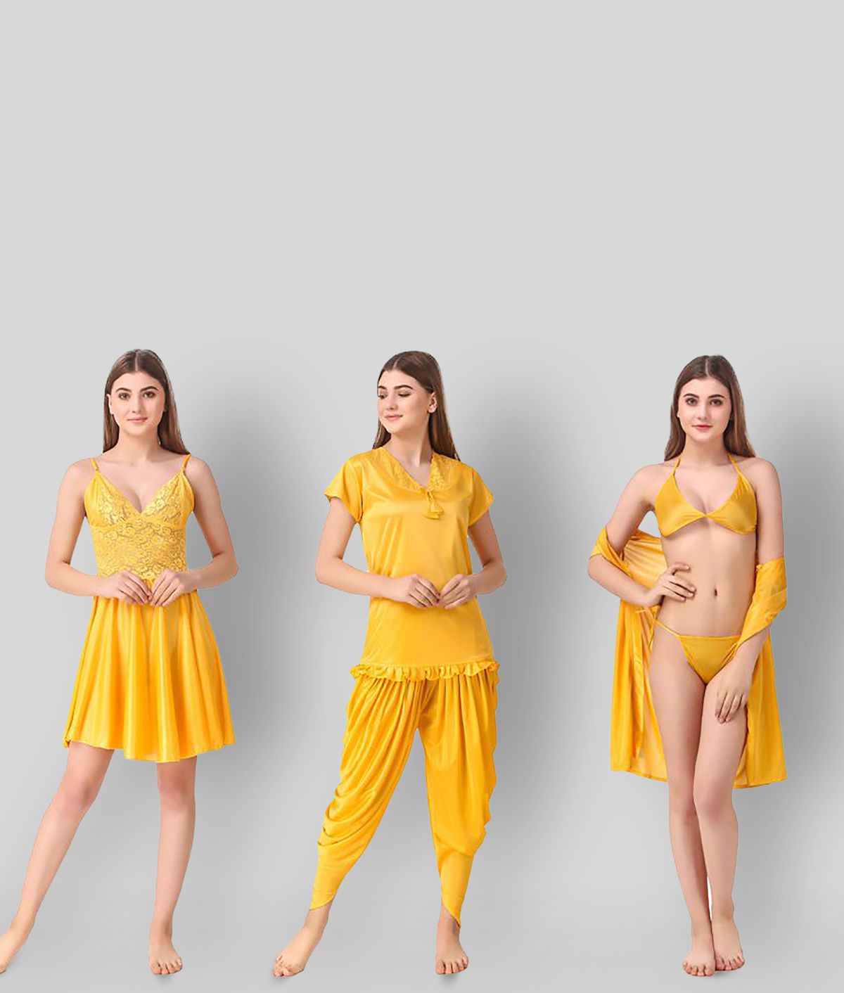     			Romaisa - Yellow Satin Women's Nightwear Baby Doll Dresses With Panty ( Pack of 6 )
