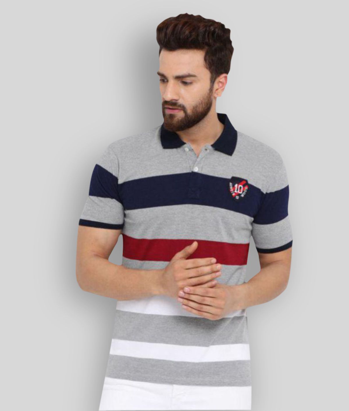     			AUSTIN WOOD Pack of 1 Cotton Regular Fit Striped Half Sleeves Men's Polo T Shirt ( Grey )