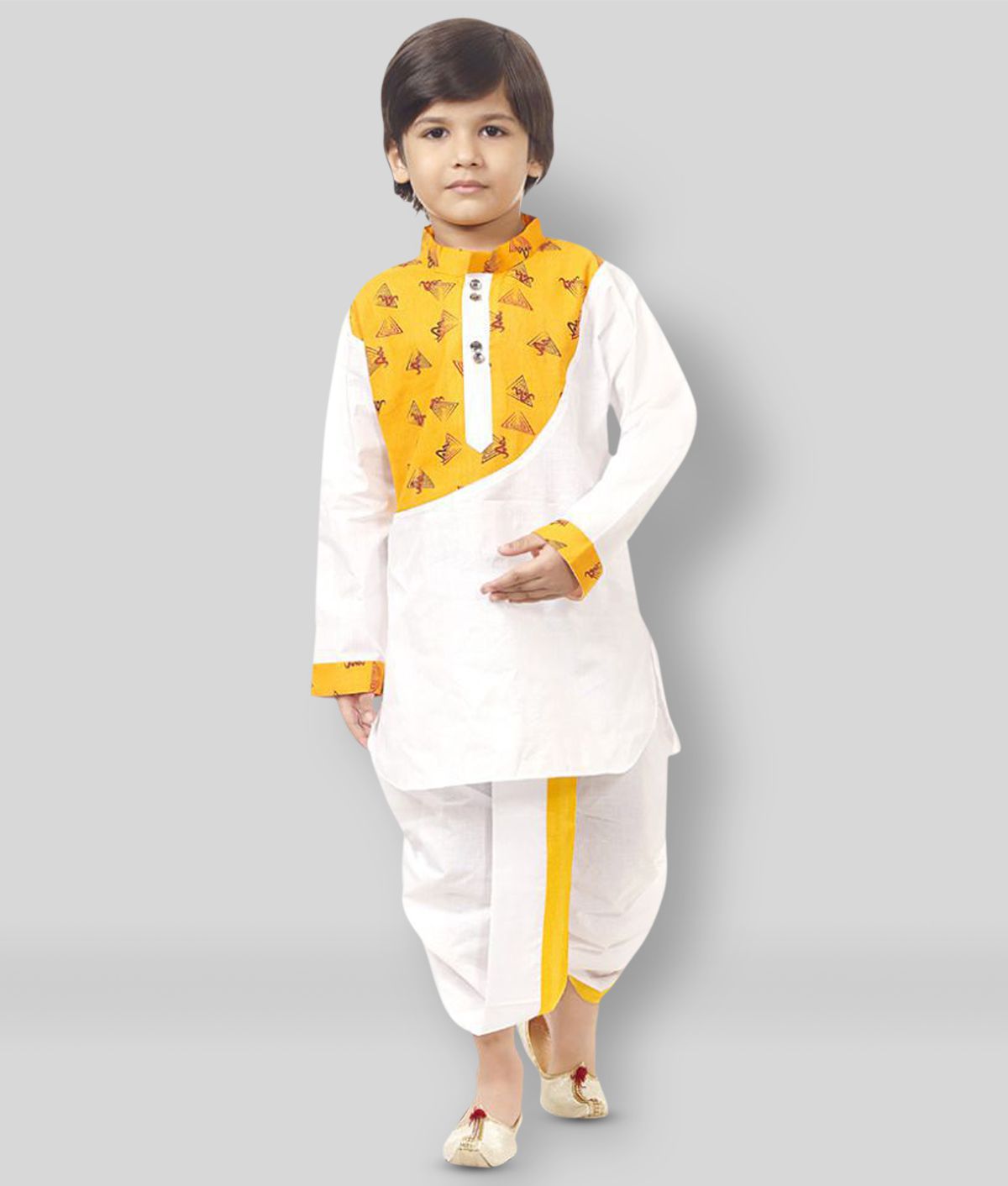     			Boy's Yellow Aplick Print Dhoti Kurta Set