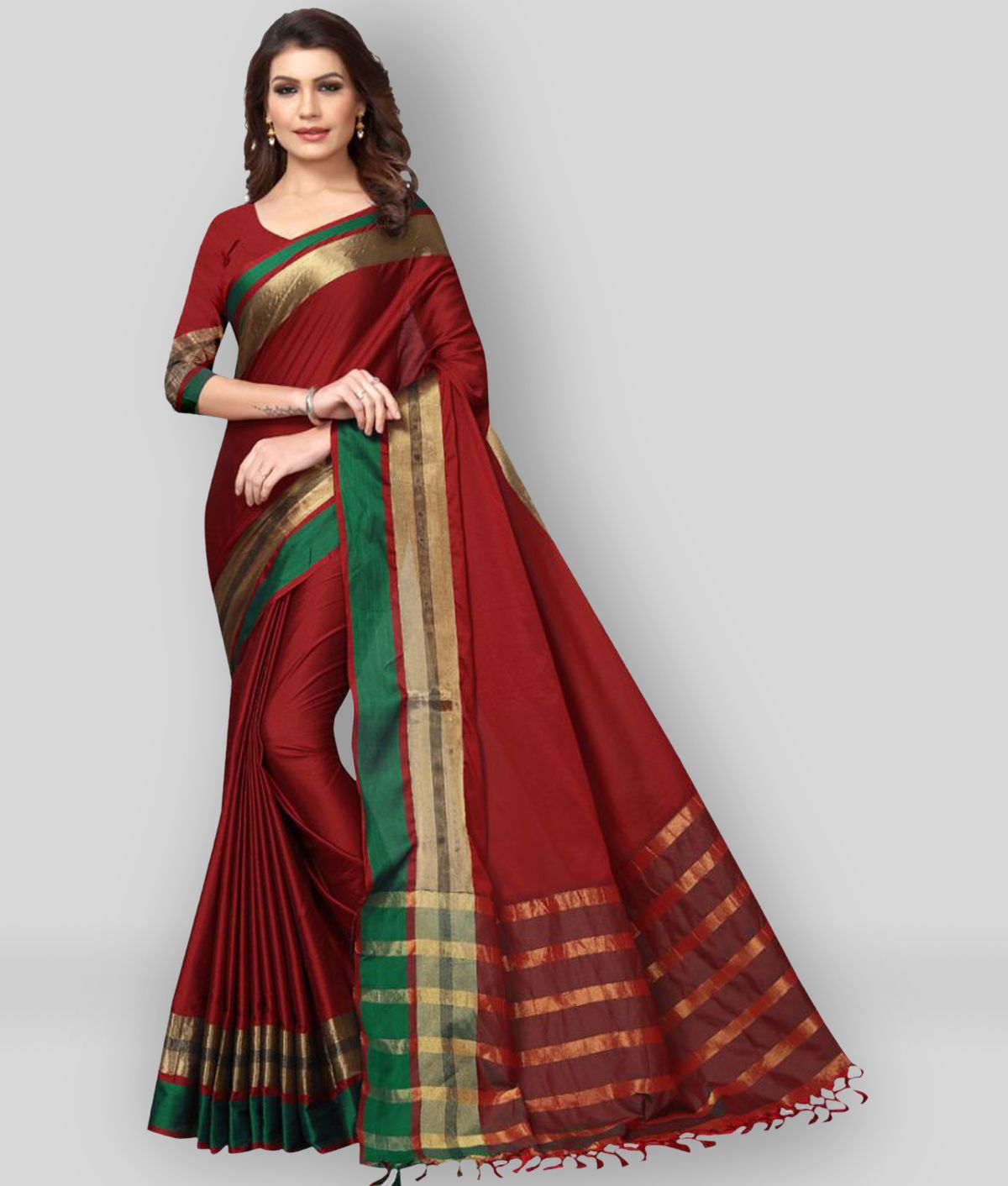     			NIGHT BLUE - Red Cotton Blend Saree With Blouse Piece ( Pack of 1 )