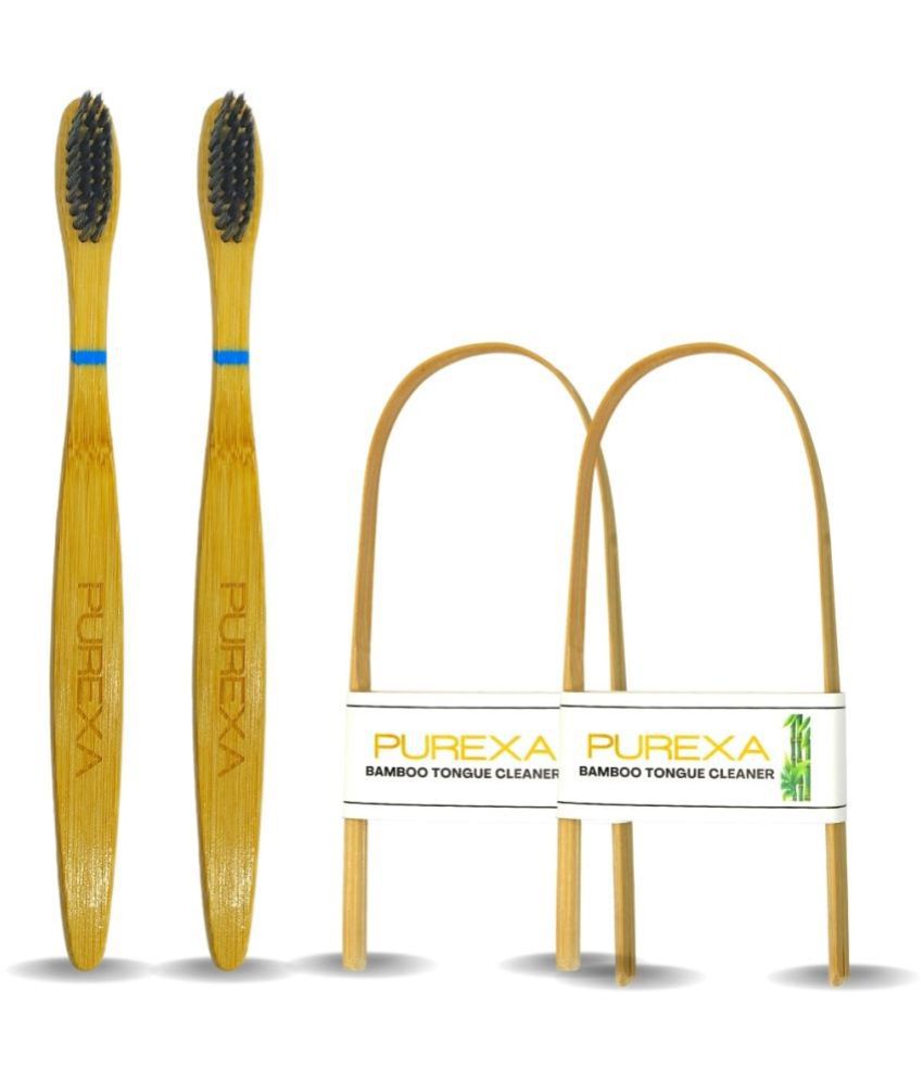 PUREXA Bamboo Charcoal Soft Toothbrush WithTongue Cleaner-2 Pack of 4
