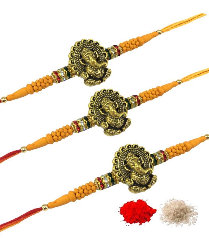     			thriftkart Rakhi Set Multicolour TRADITIONAL GANESH RAKHI Pack of 3