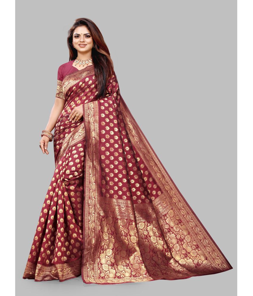     			Gazal Fashions - Maroon Banarasi Silk Saree With Blouse Piece ( Pack of 1 )