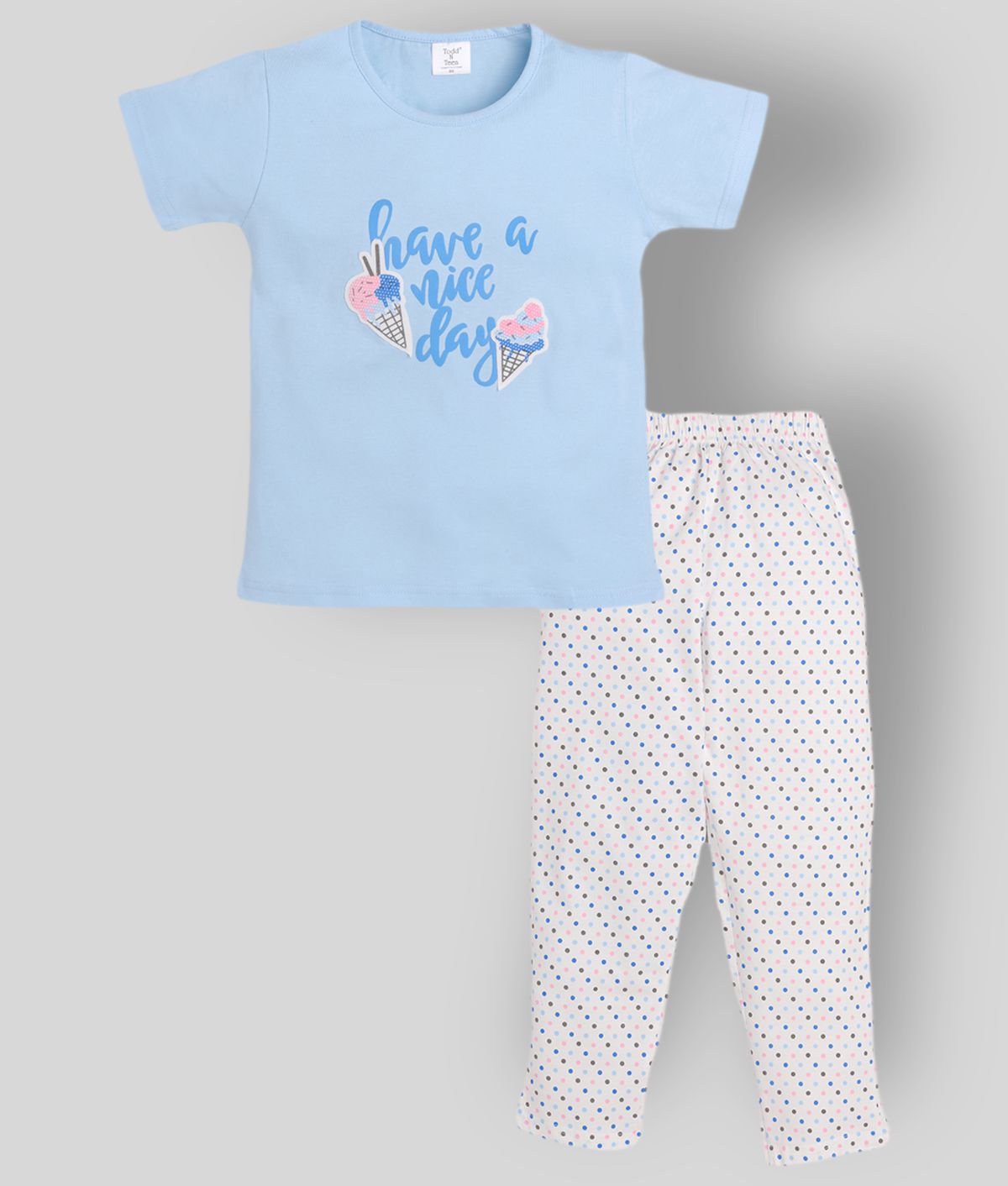     			Todd N Teen - Blue Cotton Girls Night Suit Set ( Pack of 1 )