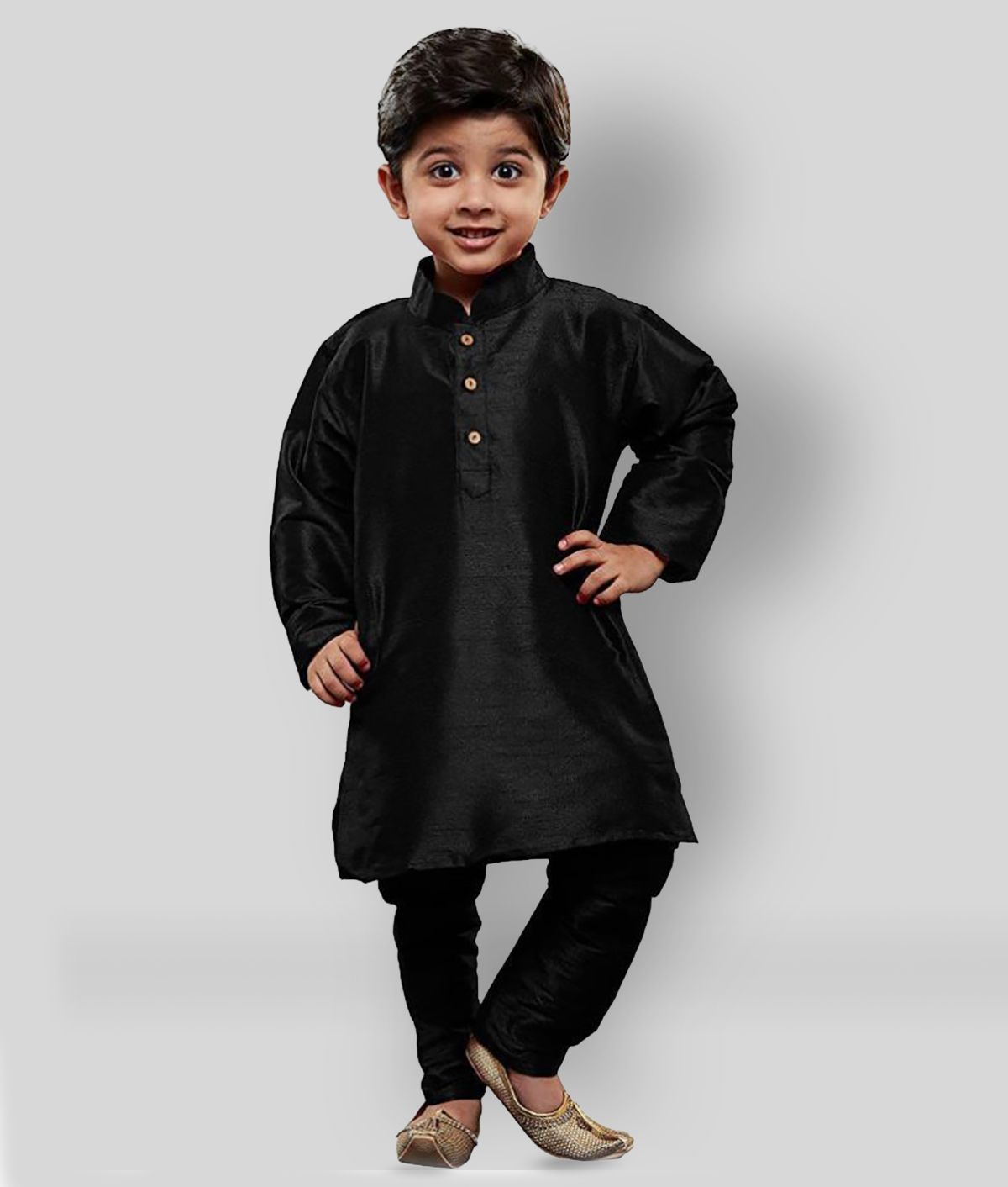     			Fourfolds Boys Cotton Blend Solid - Pattern Kurta Pant Set ( Black , Pack of 1 )