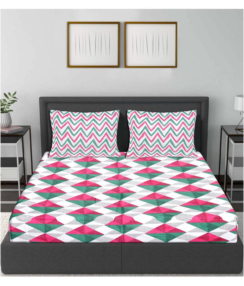     			Frionkandy Cotton Geometric Printed Queen Bedsheet with 2 Pillow Covers - Pink