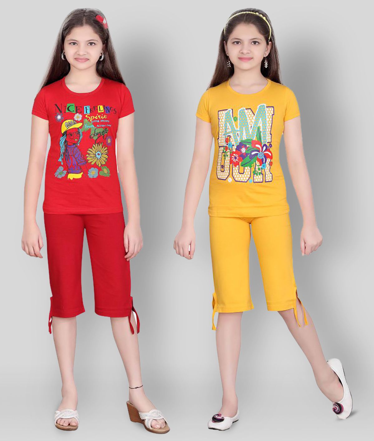     			Sini Mini Girl's Top bottom set Red & Yellow (Pack of 2)