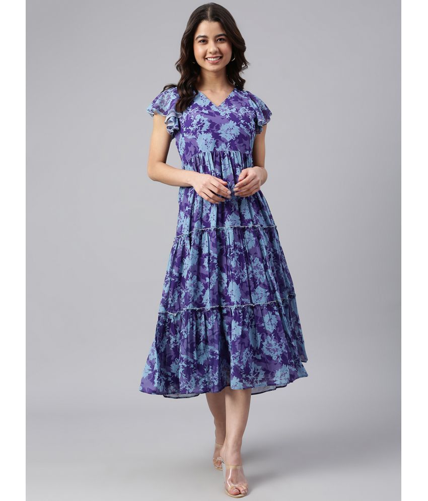 Janasya - Blue Georgette Women's A-line Dress ( Pack of 1 )