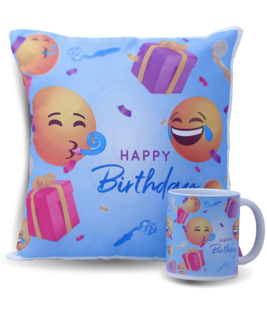 HOMETALES - Happy Birthday Printed Gifting Cushion With Filler Light Blue (12X12 Inch) With Coffee Mug