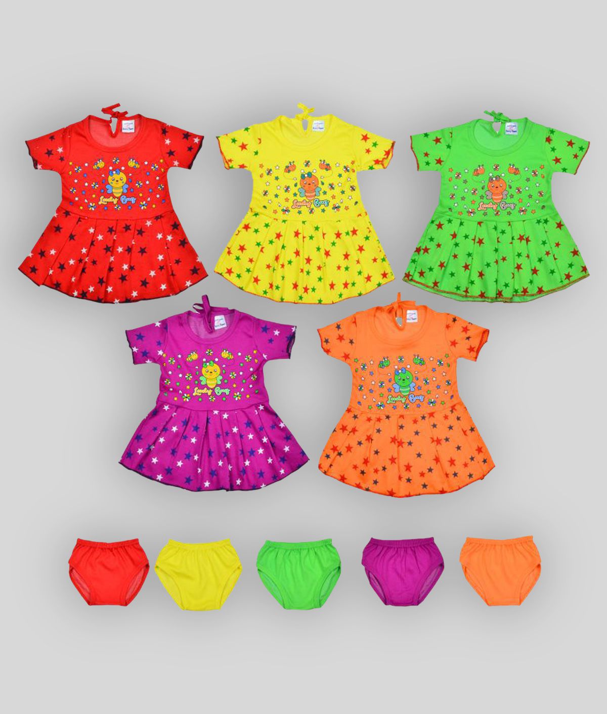     			Sathiyas Red, Yellow,Green, Purple and Orange A-Line Cotton Dresses Pack Of 5