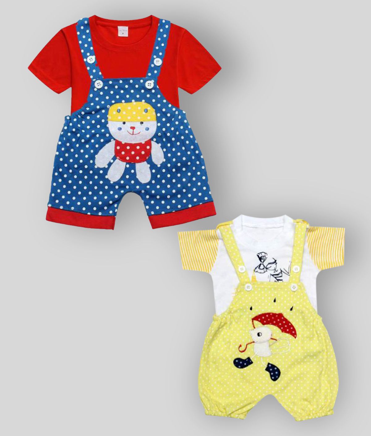     			babeezworld dungaree for Boys & Girls casual printed pure cotton- Pack of 2 (Multicolour; 9-12 Months)