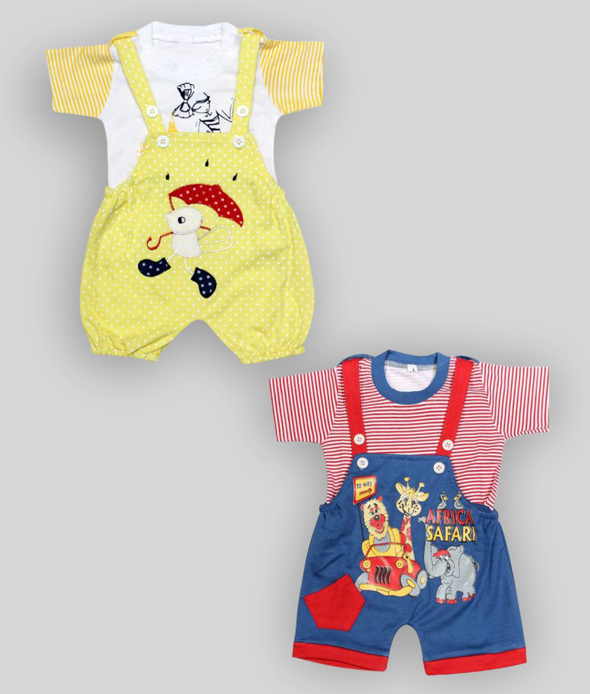     			babeezworld dungaree for Boys & Girls casual printed pure cotton-Pack of 2 (9101990001165; Multi Colour)