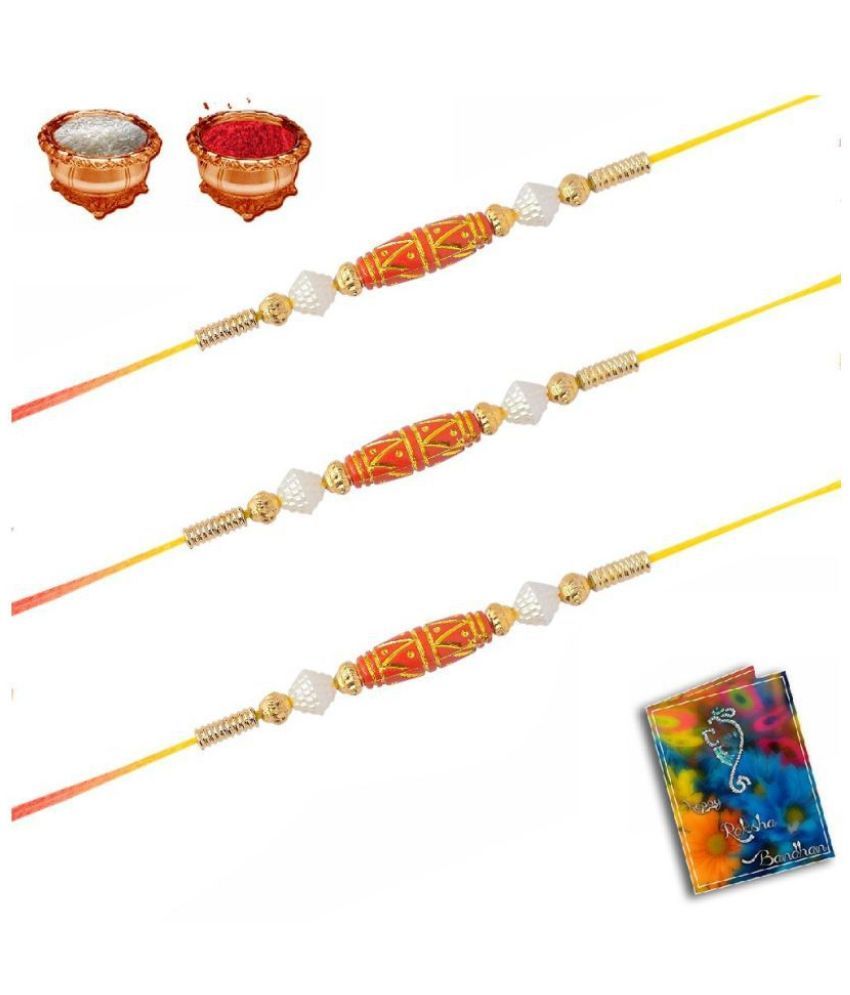     			Purvani Rakhi Set Multicolour With Roli chawal & Card Pack of 3