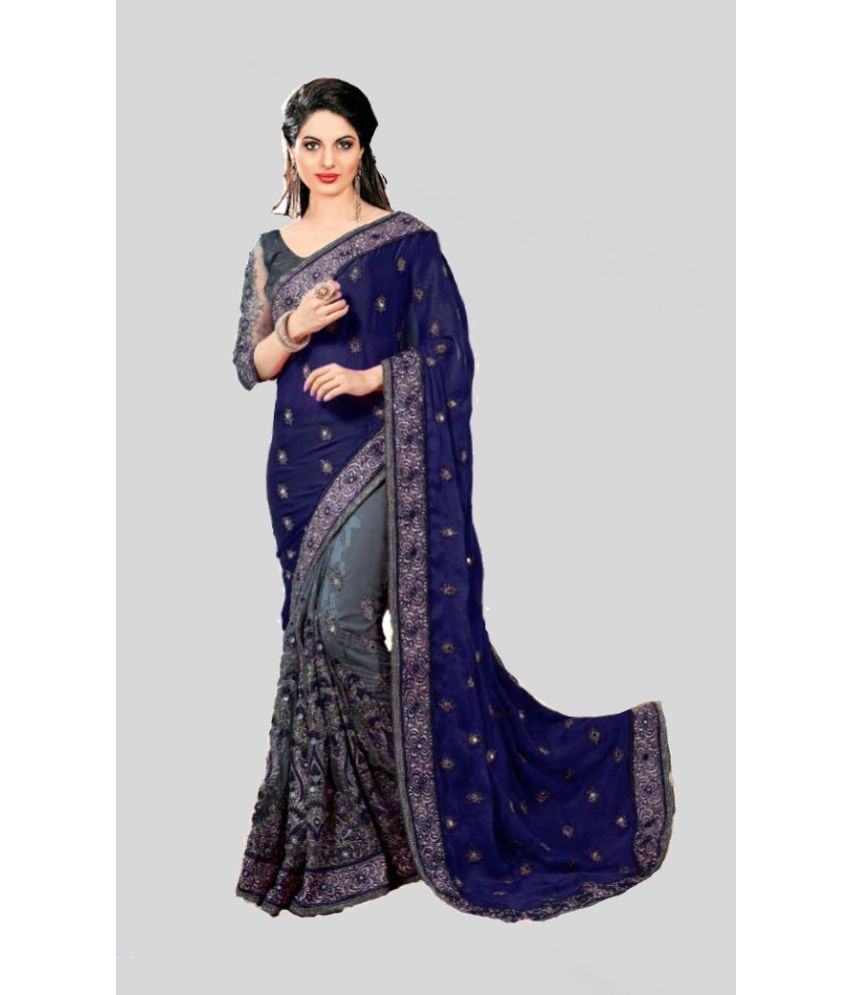     			SareeQueen - Blue Net Saree With Blouse Piece ( Pack of 1 )