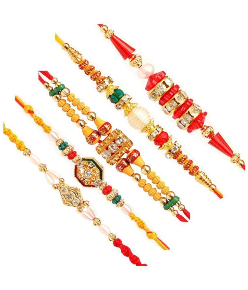     			Yogine Rakhi Set Multicolour Handmade Combo for Bhai with Card and Roli Chawal Pack of 5